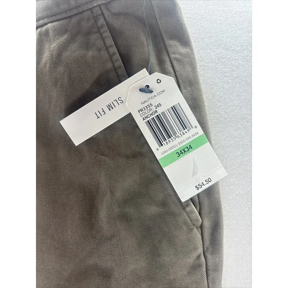 Nautica‎ Men's Casual Pants Slim Fit 34x34 Khaki Beige Cotton Twill NWT